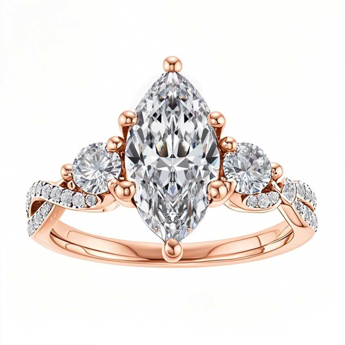 Anel de noivado em moissanita com três pedras em ouro rosa 14K e lapidação marquise-1