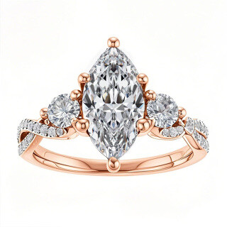 Anillo de compromiso de moissanita de tres piedras con corte marquesa en oro rosa de 10 quilates-17