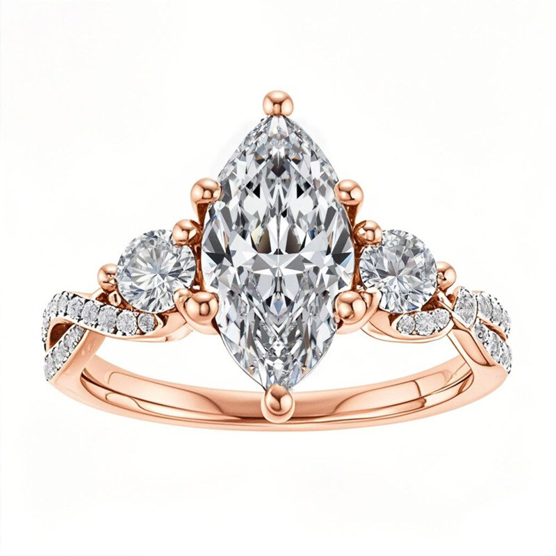 Anillo de compromiso de moissanita de tres piedras con corte marquesa en oro rosa de 10 quilates-8