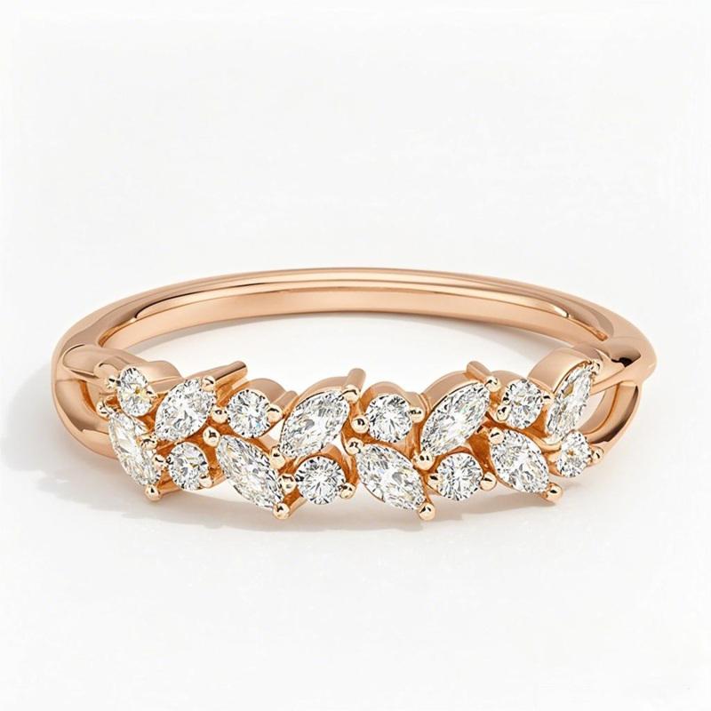 Maßgefertigter Ehering aus 10-karätigem Roségold mit Marquise-Schliff und im Labor hergestelltem Diamanten, Farbe D, Reinheit VVS1-VS1, 3EX, IGI-zertifiziert-1