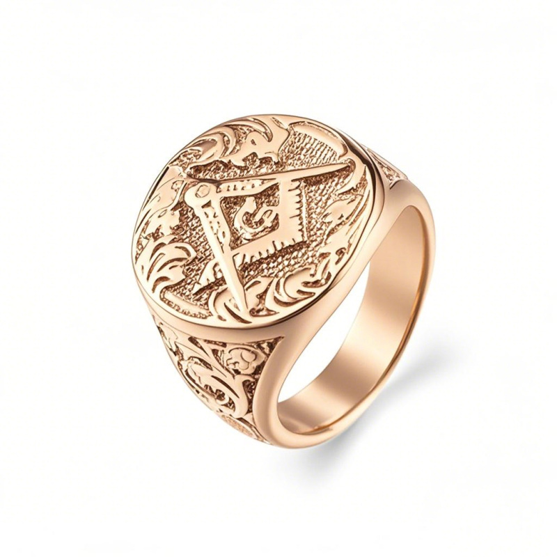 Bague pour homme en or rose 10 carats avec symbole maçonnique-1