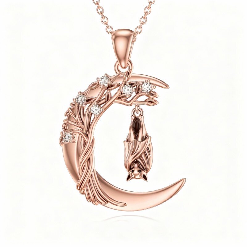 Colar com pendente de morcego e lua em moissanita em ouro rosa 10K-15