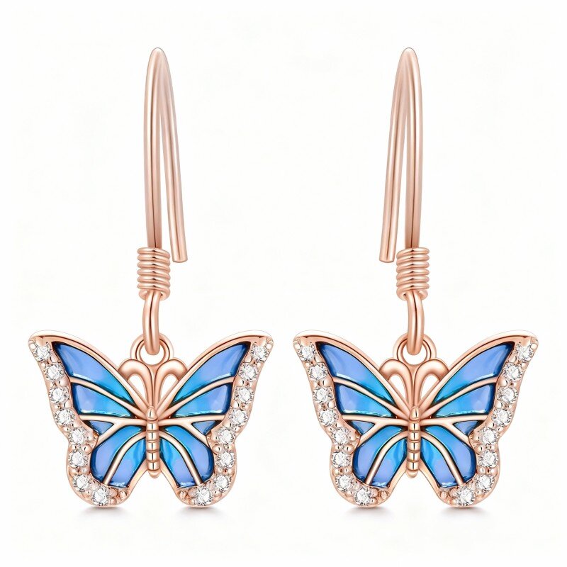 أقراط متدلية من الذهب الوردي عيار 10 قيراط مرصعة بأحجار الموزانيت على شكل فراشة-19