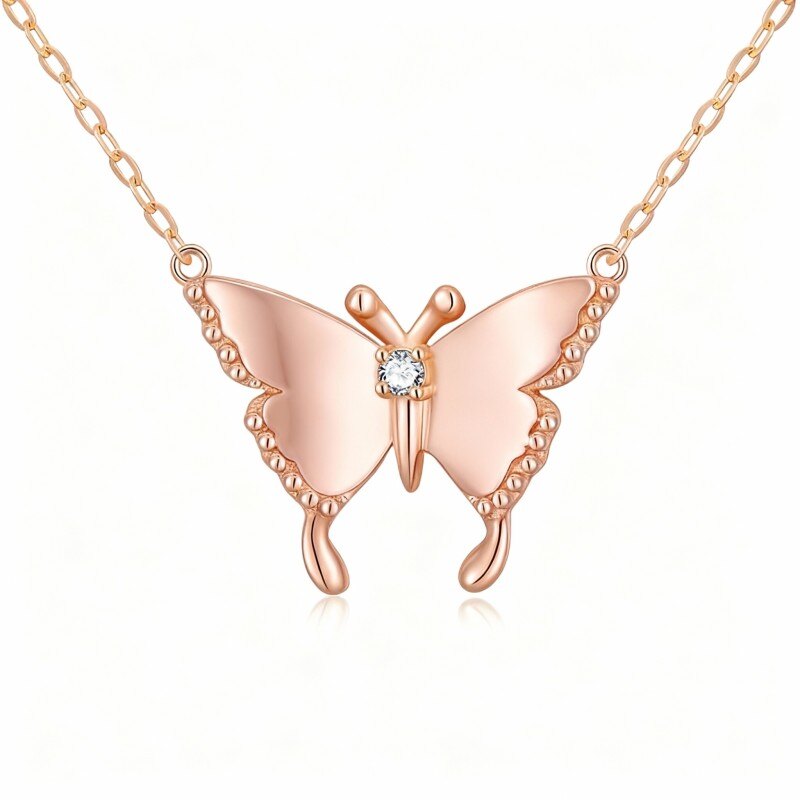 Collar con colgante de mariposa de moissanita en oro rosa de 14 quilates-1