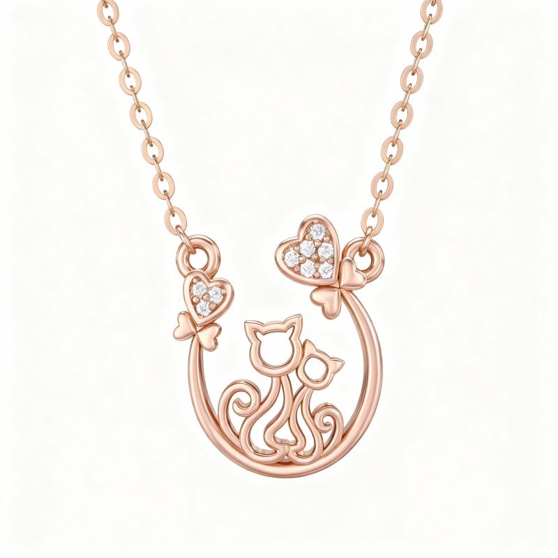 Collar con colgante de gato de moissanita en oro rosa de 10 quilates-1