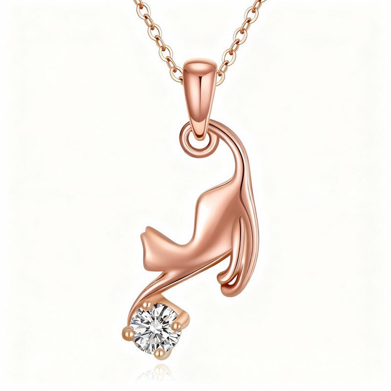 10K Rose Gold Moissanite Cat Pendant Necklace-1