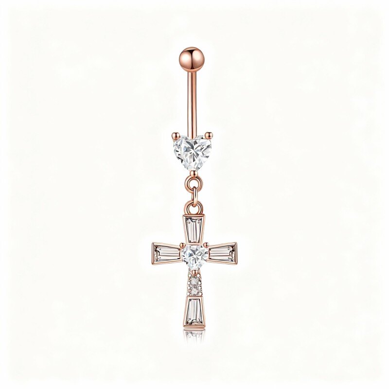Pierścionek do pępka z krzyżem z moissanitu 18K różowego złota-1