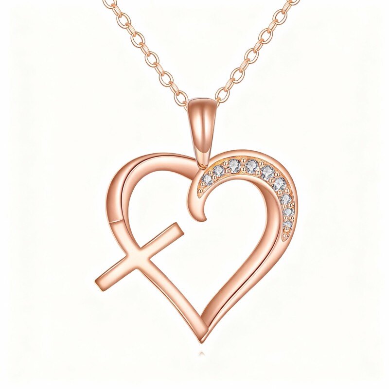 14K Rose Gold Moissanite Cross & Heart Pendant Necklace-1