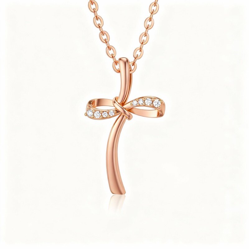 Colar com pendente de cruz e símbolo do infinito em moissanita em ouro rosa 18K-1