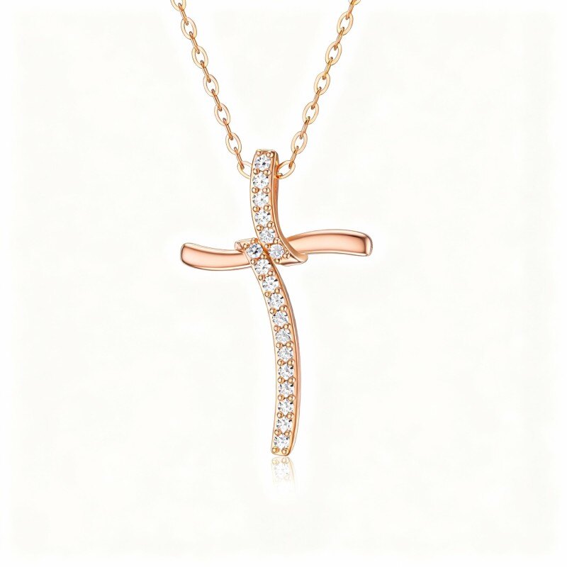 Naszyjnik z wisiorkiem krzyżowym z moissanitem z 18-karatowego różowego złota-1