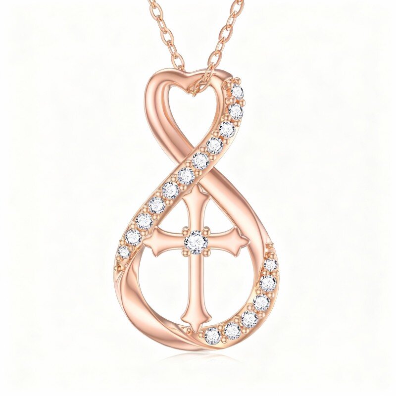 Colar com pendente de cruz em moissanita e ouro rosa 10K-1