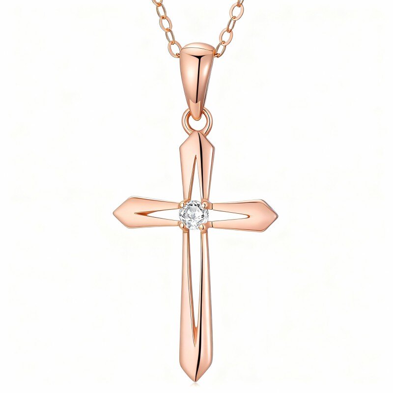 Collier pendentif croix en or rose 18 carats et moissanite-1