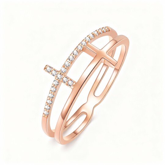 Kreuzring aus 10-karätigem Roségold mit Moissanit