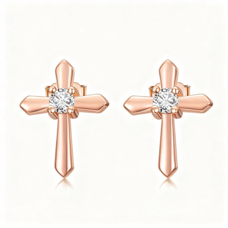 10K Rose Gold Moissanite Cross Stud Earrings-1