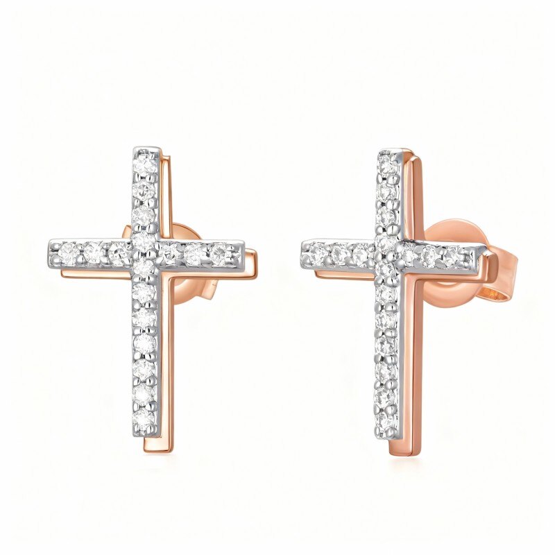 14K Rose Gold Moissanite Cross Stud Earrings-1