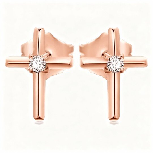 Orecchini a bottone con croce in moissanite in oro rosa 10K