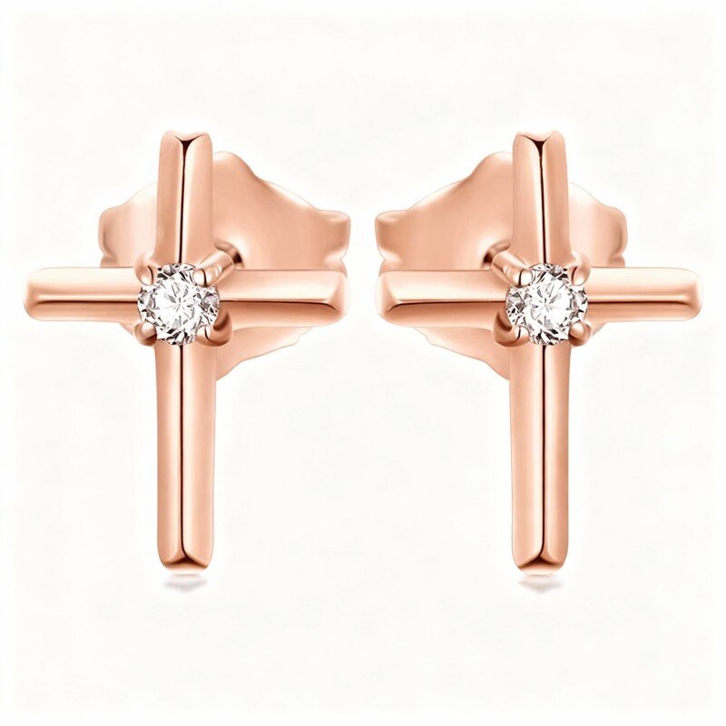 10K Rose Gold Moissanite Cross Stud Earrings-14