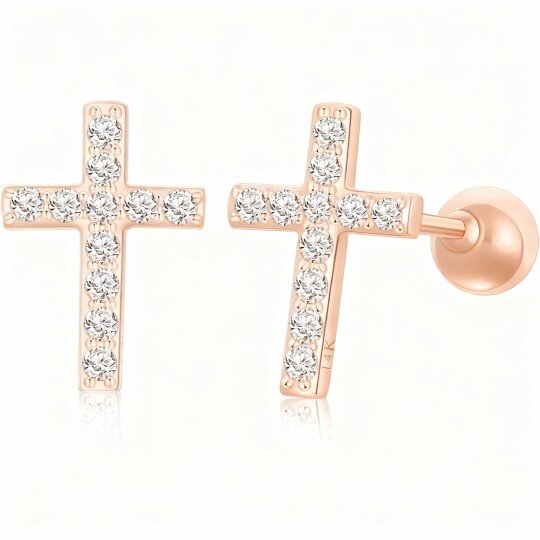 10K Rose Gold Moissanite Cross Stud Earrings
