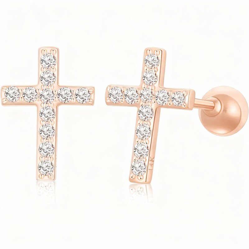 10K Rose Gold Moissanite Cross Stud Earrings-10