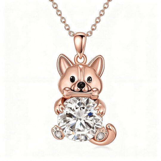 Colar com pendente de cão em moissanita e ouro rosa 9K