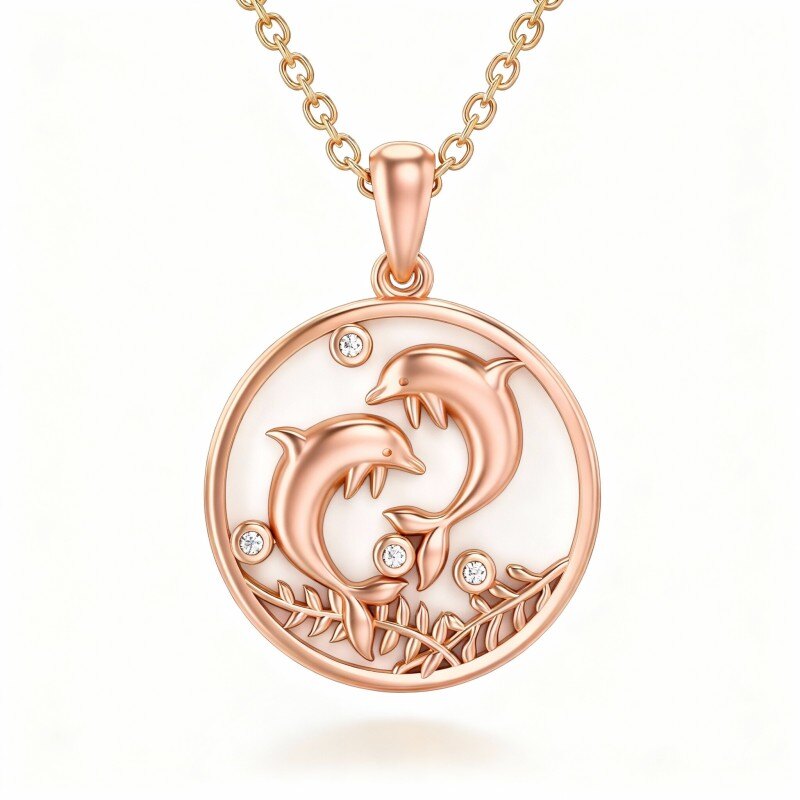 Naszyjnik z wisiorkiem w kształcie delfina z 10-karatowego różowego złota z moissanitem-1