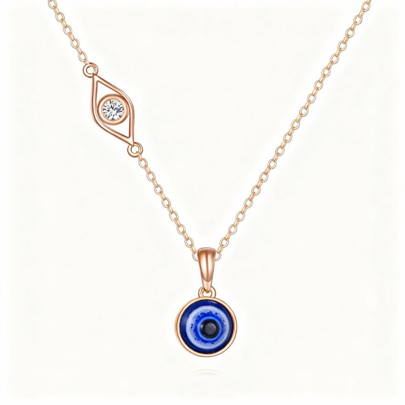 18K Rose Gold Moissanite Evil Eye Pendant Necklace-1