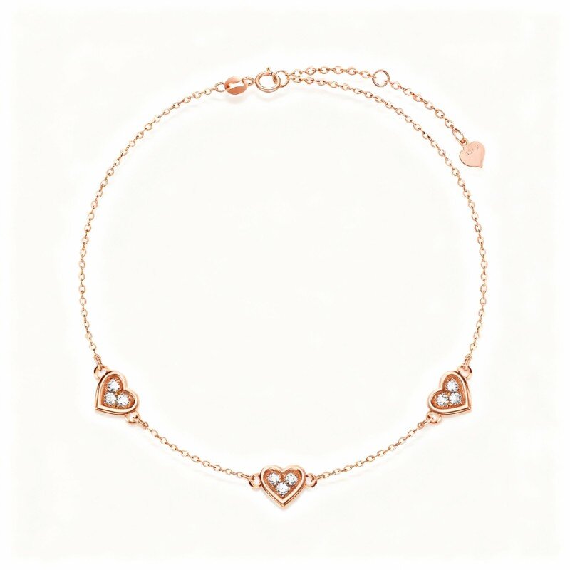 Pulsera de oro rosa de 14 quilates con dije de corazón de moissanita y corazón-1