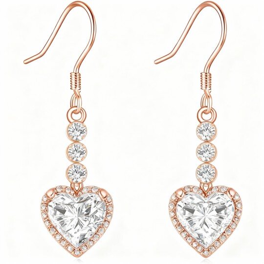 Orecchini pendenti a forma di cuore in oro rosa 10 carati con zirconi cubici e moissanite