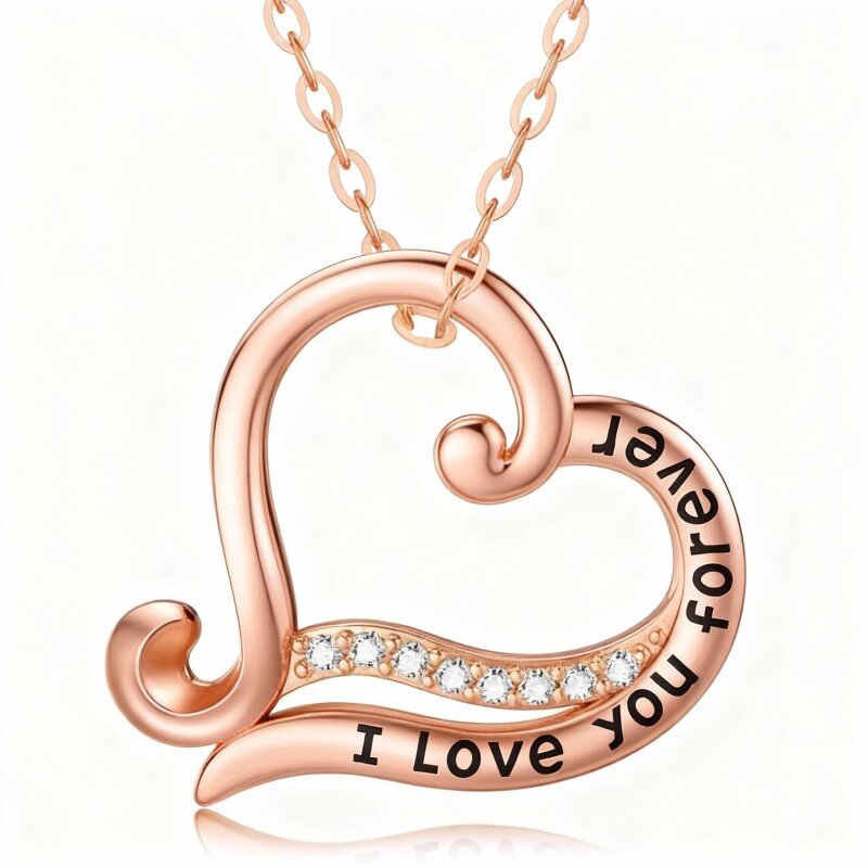 14K Rose Gold Moissanite Heart Pendant Necklace with Engraved Word-1