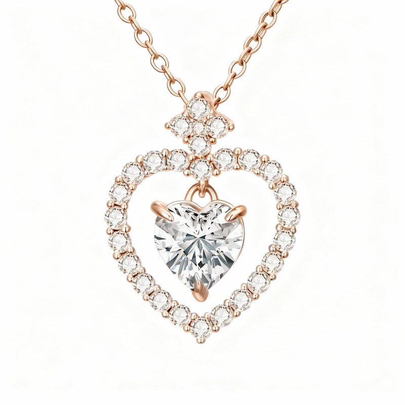 Colar com pendente coração em moissanita em ouro rosa 10K-9