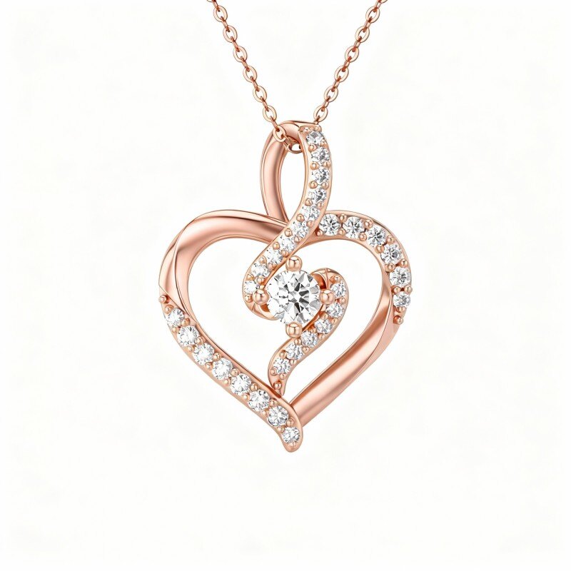 Colar com pendente coração em moissanita em ouro rosa 10K-1