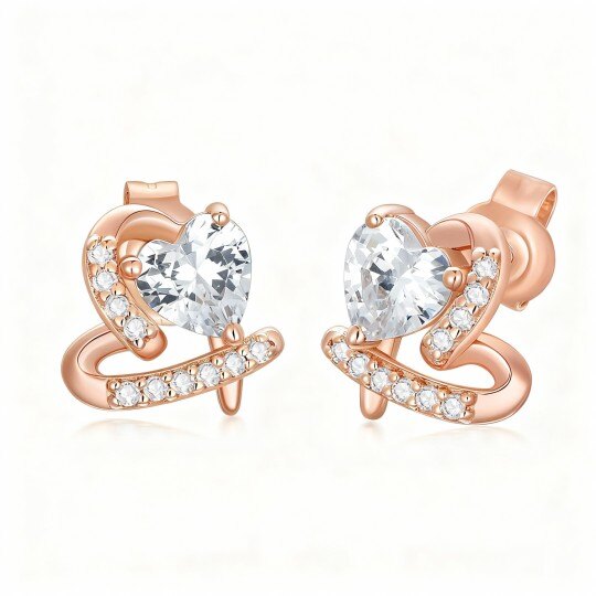 Pendientes de botón con forma de corazón en oro rosa de 10 quilates con circonitas cúbicas y moissanita