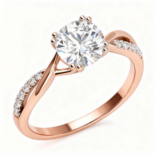 Anello di fidanzamento rotondo con simbolo dell'infinito e moissanite in oro rosa 10 carati