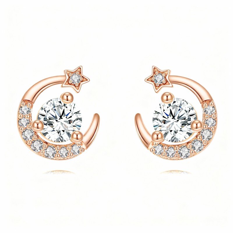 Kolczyki z moissanitem w kształcie księżyca i gwiazdy z 18-karatowego różowego złota-1