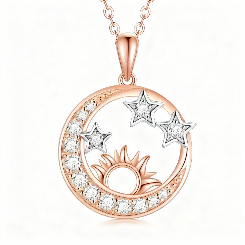 Collar con colgante de luna, estrella y sol de moissanita en oro rosa de 18 quilates-1
