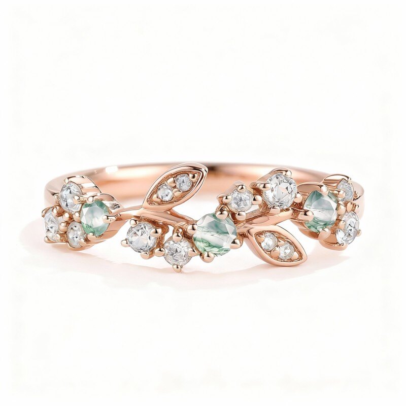 Bague en or rose 18 carats avec moissanite et feuilles d'agate mousse-1