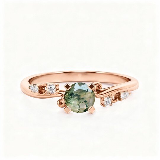 Anel de Noivado Personalizado com Gravação em Ouro Rosa 18K, Moissanita e Ágata Musgosa