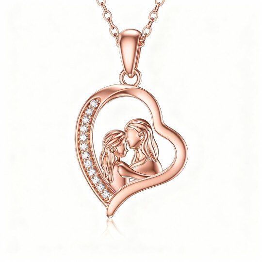 Halskette aus 10-karätigem Roségold mit Moissanit-Anhänger „Mutter & Tochter & Herz“