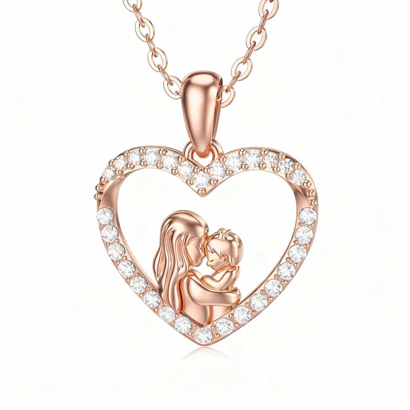 Collar con colgante de oro rosa de 18 quilates con moissanita, madre e hija y corazón-1
