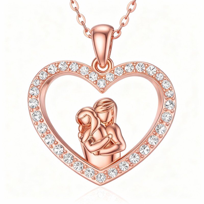14K Rose Gold Moissanite Mother & Daughter & Heart Pendant Necklace-1