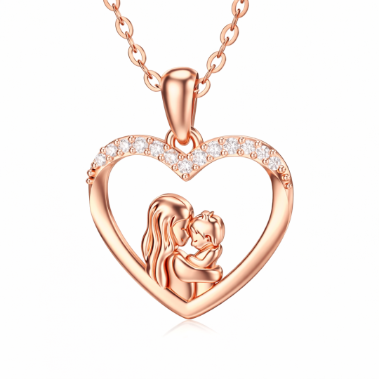Collier pendentif en or rose 10 carats avec moissanite, mère et fille et cœur