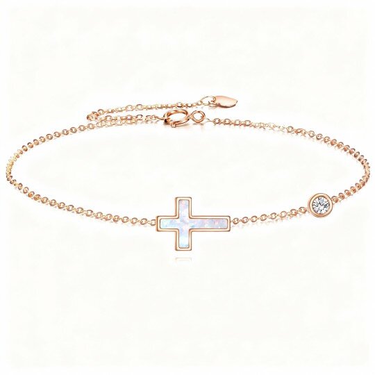 10K Rose Gold Moissanite & Opal Cross & Round Charm Bracelet