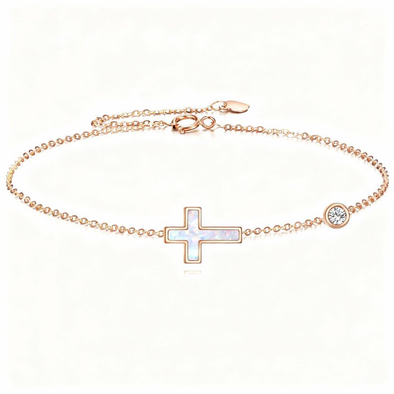 18K roségouden moissaniet- en opaalkruis- en ronde bedelarmband-1