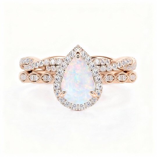 Anillo de compromiso de oro rosa de 14 quilates con moissanita y ópalo, grabado personalizado, diseño de pareja y forma de gota