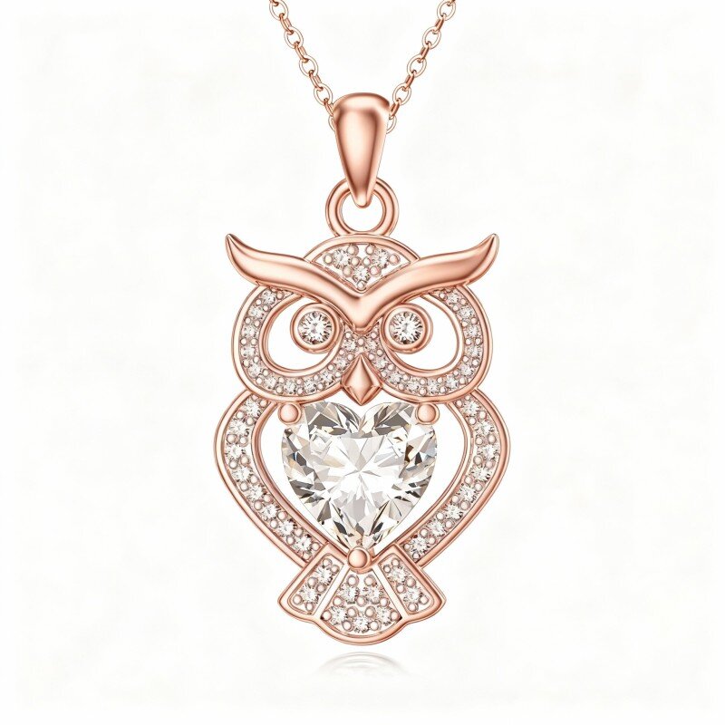 9K Rose Gold Moissanite Owl Pendant Necklace-1
