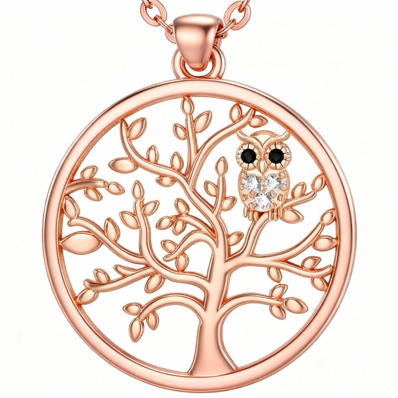 14K Rose Gold Moissanite Owl & Tree Of Life Pendant Necklace-1