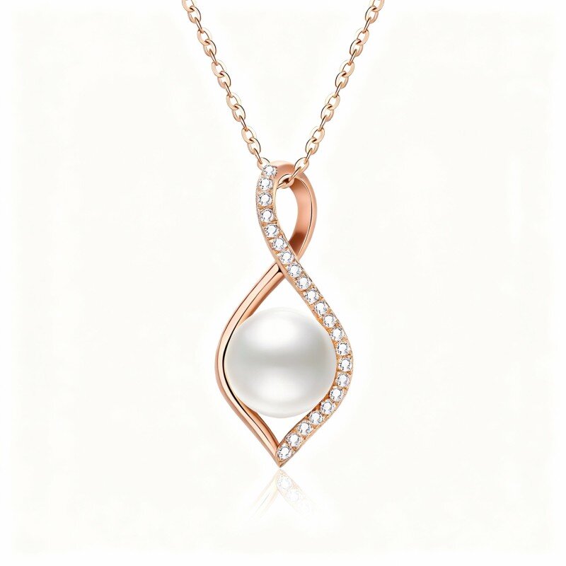 14K Rose Gold Moissanite & Pearl Infinity Symbol Pendant Necklace-1