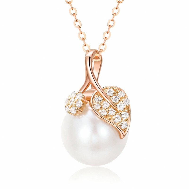 14K Rose Gold Moissanite & Pearl Leaves Pendant Necklace-1
