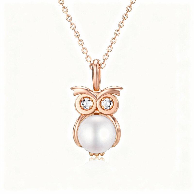 10K Rose Gold Moissanite & Pearl Owl Pendant Necklace-1