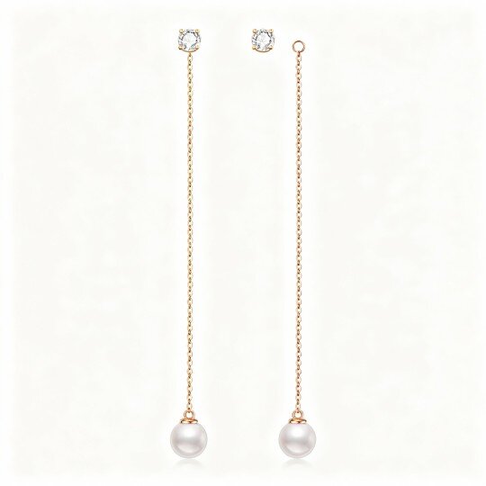 Pendientes colgantes redondos de oro rosa de 10 quilates con moissanita y perlas